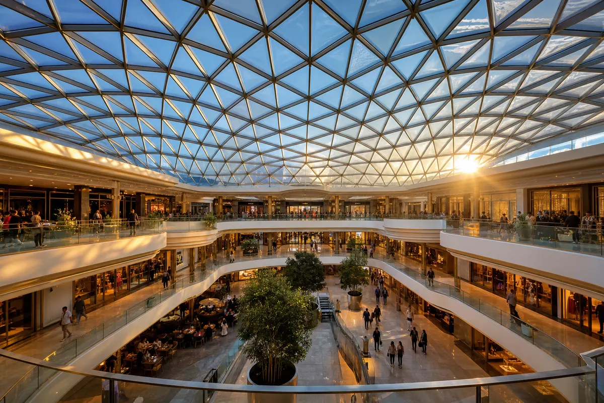 Daylit atrium under a transparent ETFE skylight roof with modern steel framing