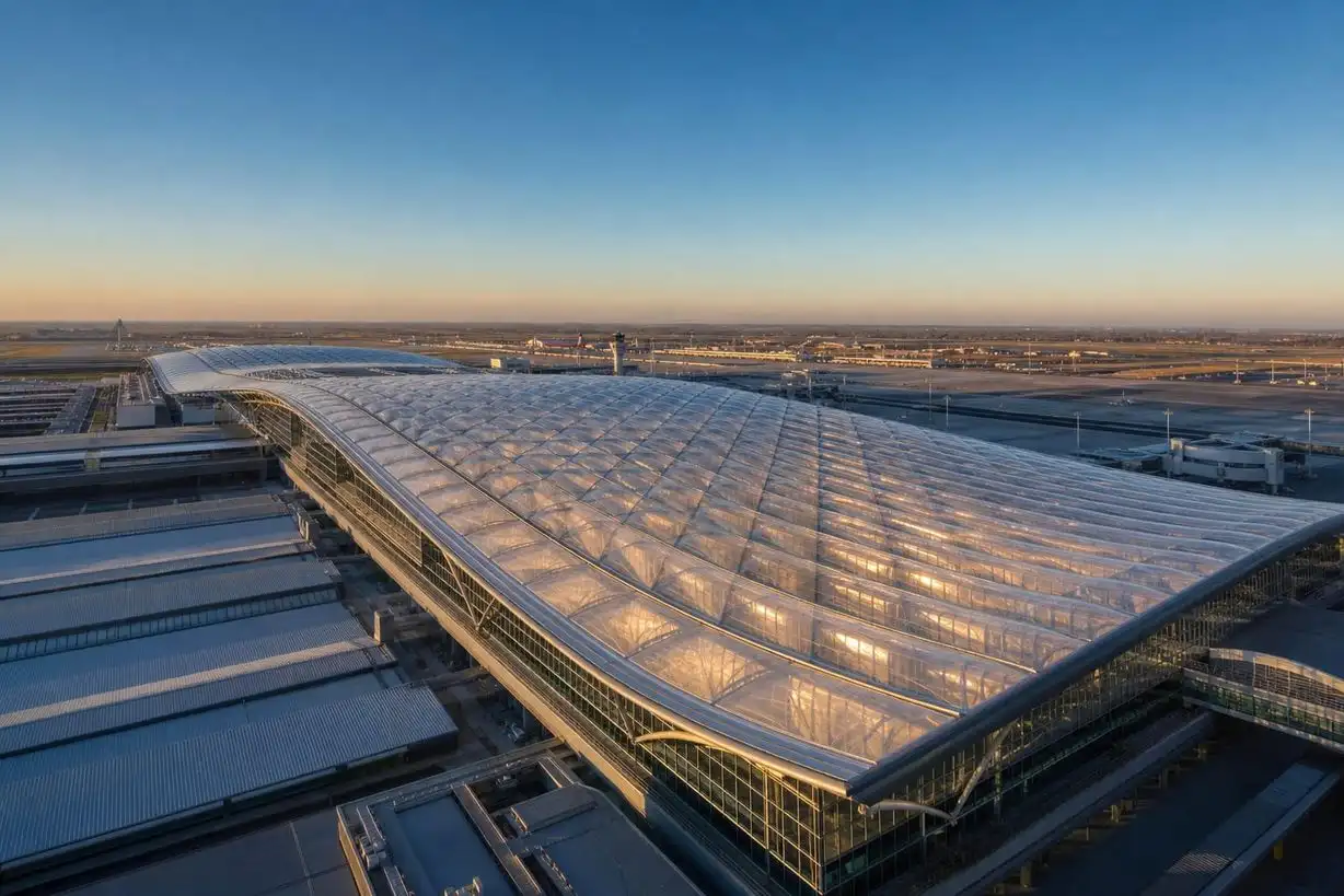 Luminous multi-layer ETFE air cushion roof spanning an airport terminal