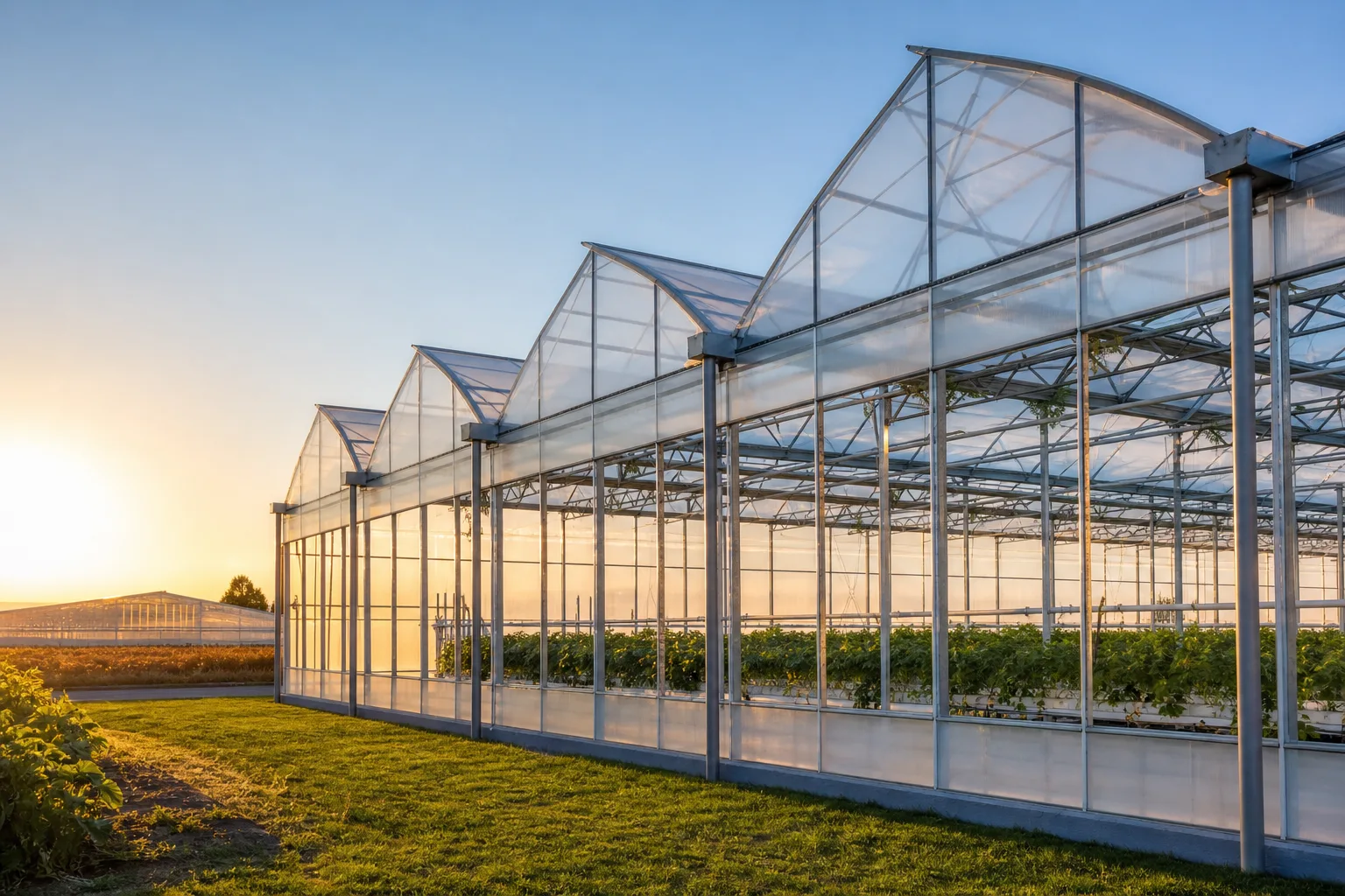 Sunlit ETFE greenhouse polyhouse with translucent film roof over rows of crops