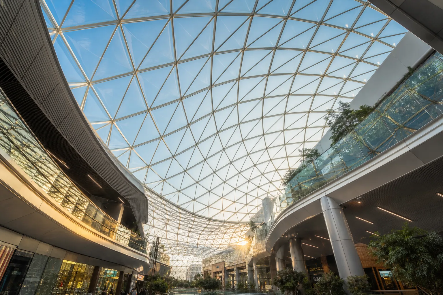 Luminous ETFE skylight roof flooding a modern atrium with daylight