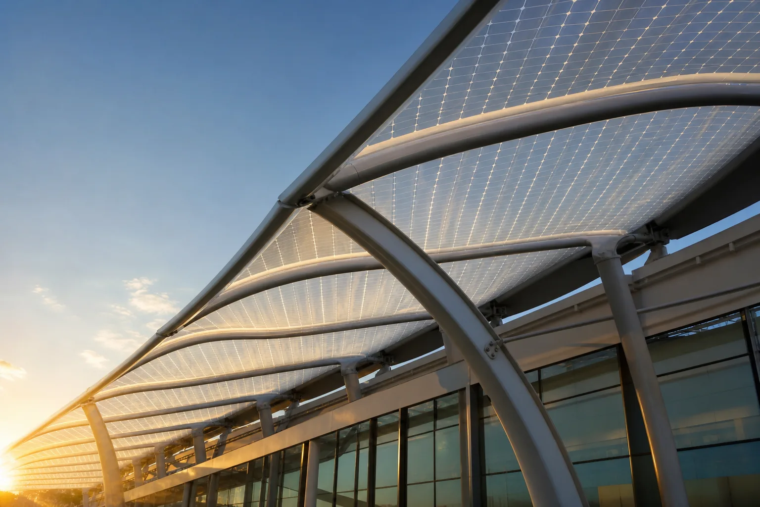 Translucent ETFE solar panel film laminated onto a photovoltaic module under bright daylight