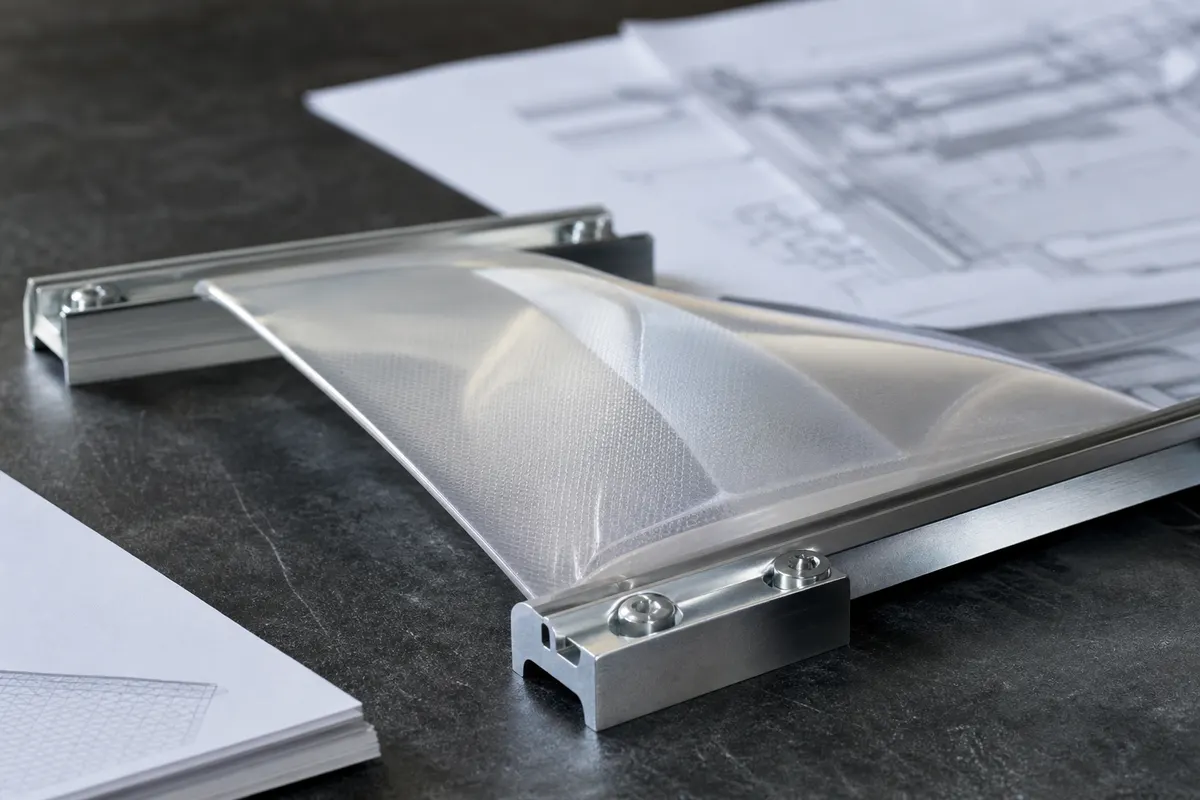 ETFE foil sample and aluminium clamp detail on an engineering desk