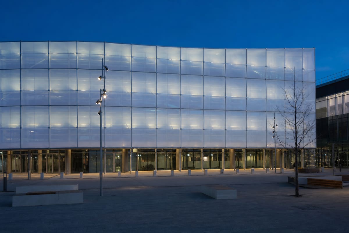 Precision welding and fabrication of ETFE façade panels in a factory workshop