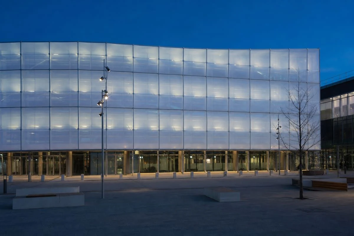 Precision welding and fabrication of ETFE façade panels in a factory workshop