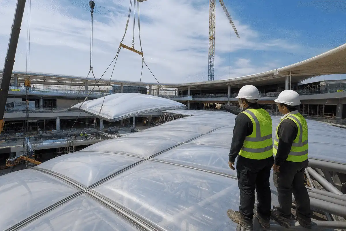Shopping Mall ETFE Roof Project process — ETFE module coordination view