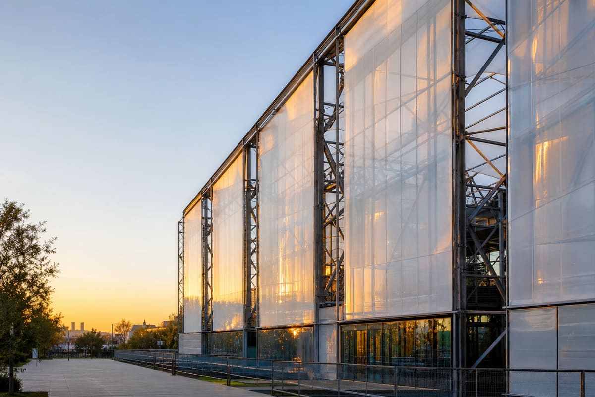 Transparent ETFE façade curtain wall on a modern building envelope