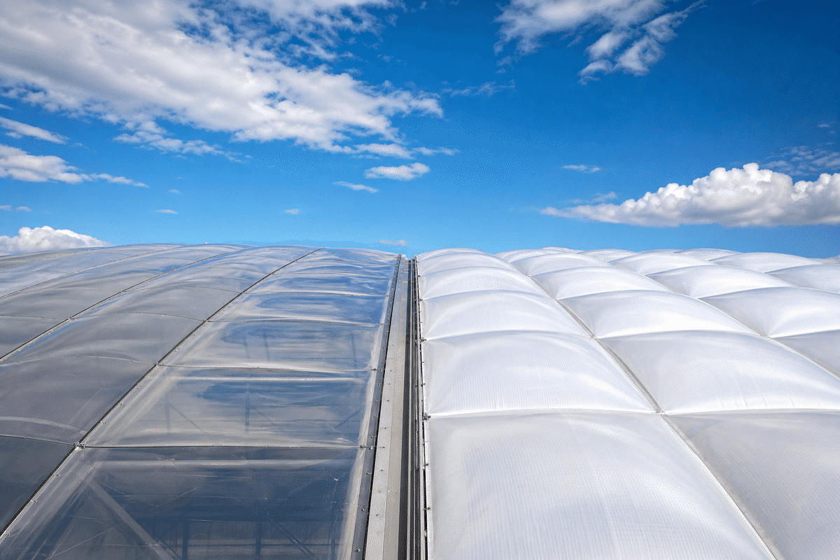 Inflated triple-layer cushion beside flat single ETFE foil