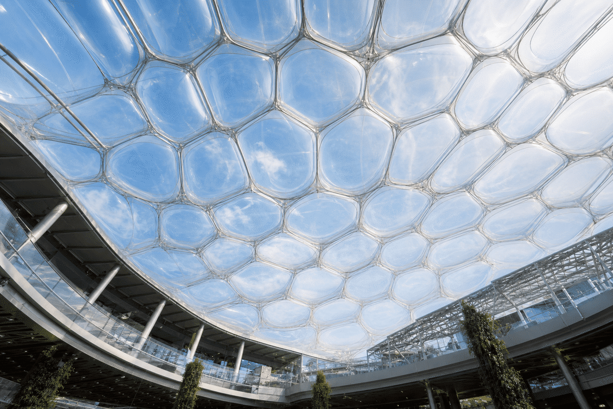 Interior under ETFE cushion roof in modern transit hall