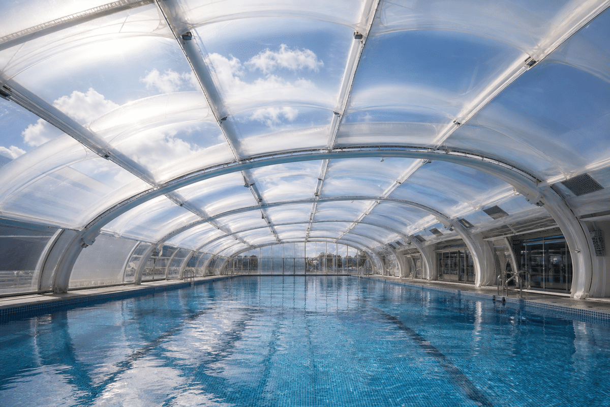 Stadium ETFE cushion roof illuminated at night