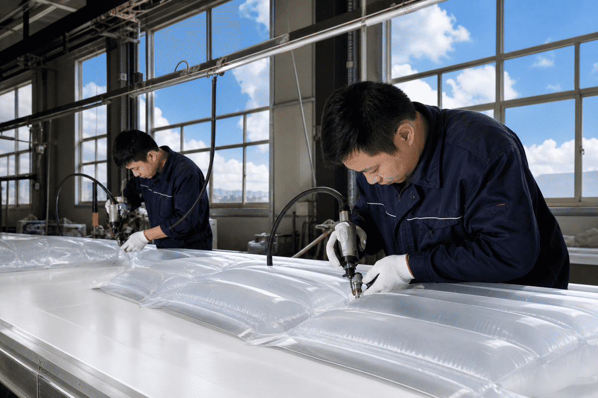 ETFE cushion inflation commissioning on construction site