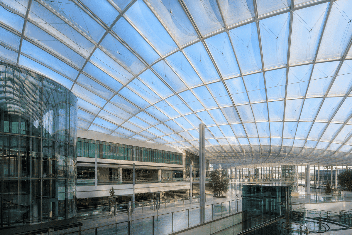 Freshly cleaned ETFE cushion ceiling transmitting brilliant daylight