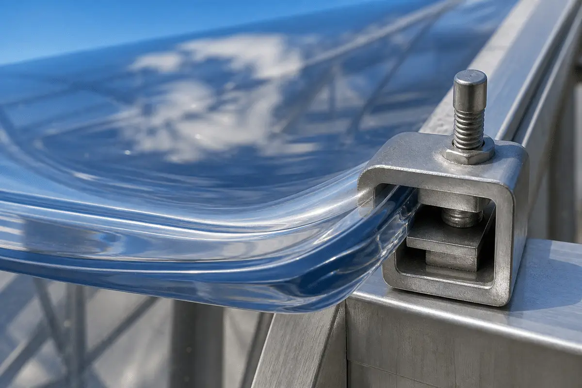 Greenhouse single-layer ETFE roof over curved steel hoops — ETFE technical guide — ETFE technical guide
