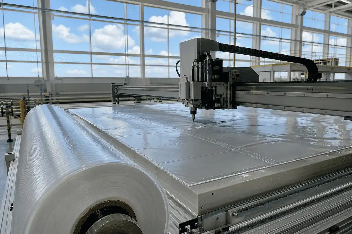 ETFE film roll unrolled for thickness measurement on site — ETFE technical guide — ETFE technical guide