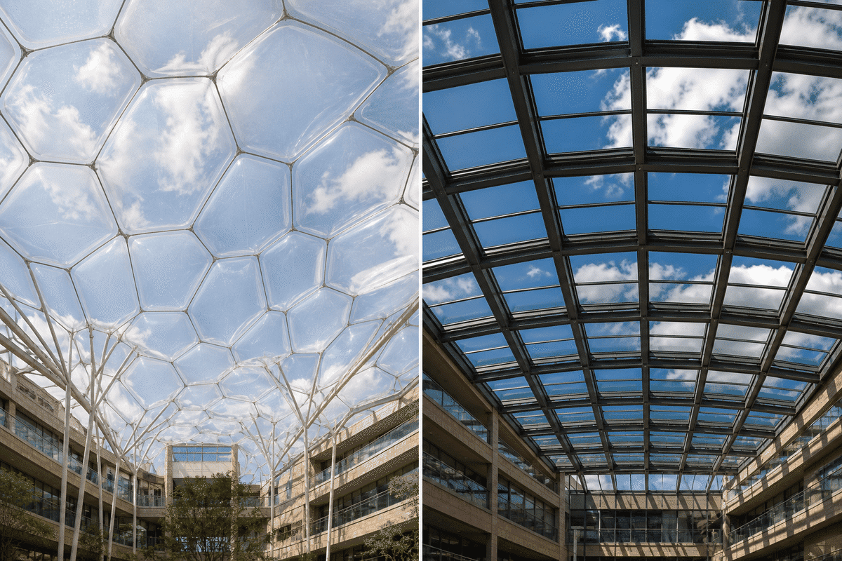 Lightweight ETFE cushion canopy contrasted with glass skylight