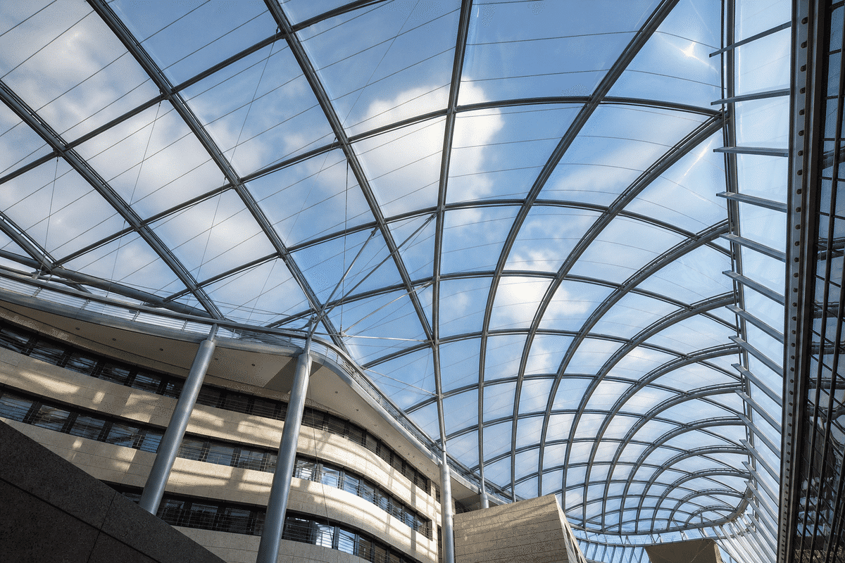 Drone view of stadium ETFE cushion roof and steel trusses