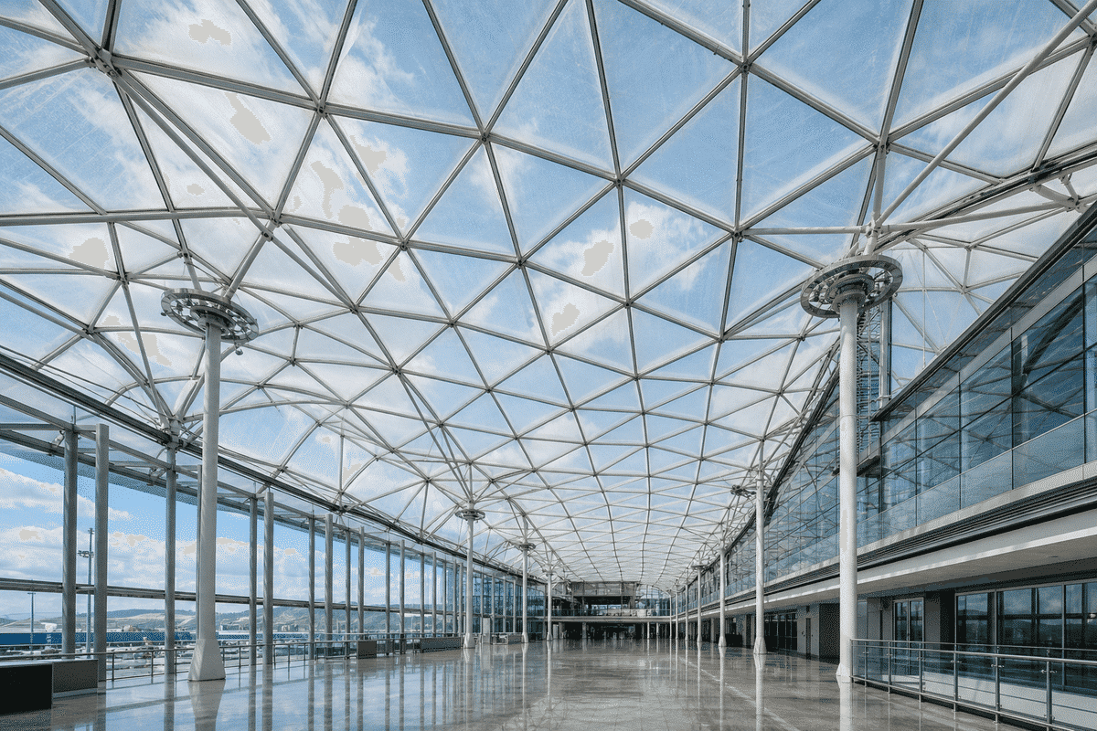 Airport terminal ETFE facade with steel mullions
