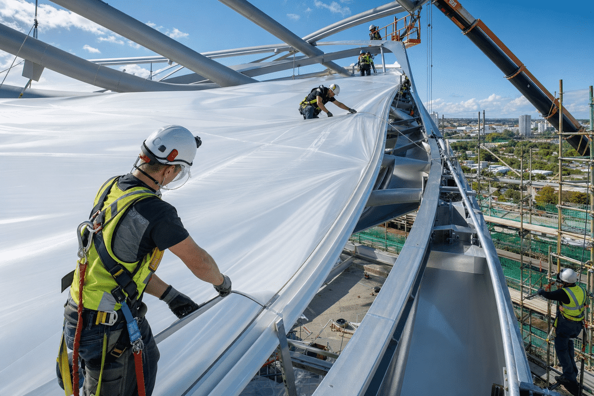 ETFE membrane installation with tensioning on steel rafter
