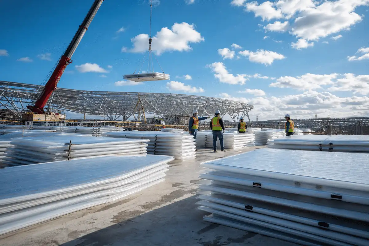 Multi-layer ETFE cushions staged on construction site — ETFE Multi Layer System