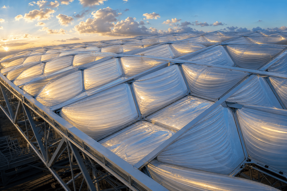 Large-span roof with repeating multi-layer ETFE cushions
