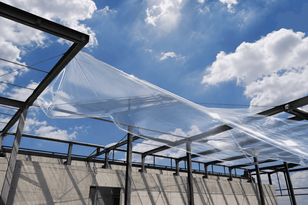 Installers applying tension to single ETFE foil sheet