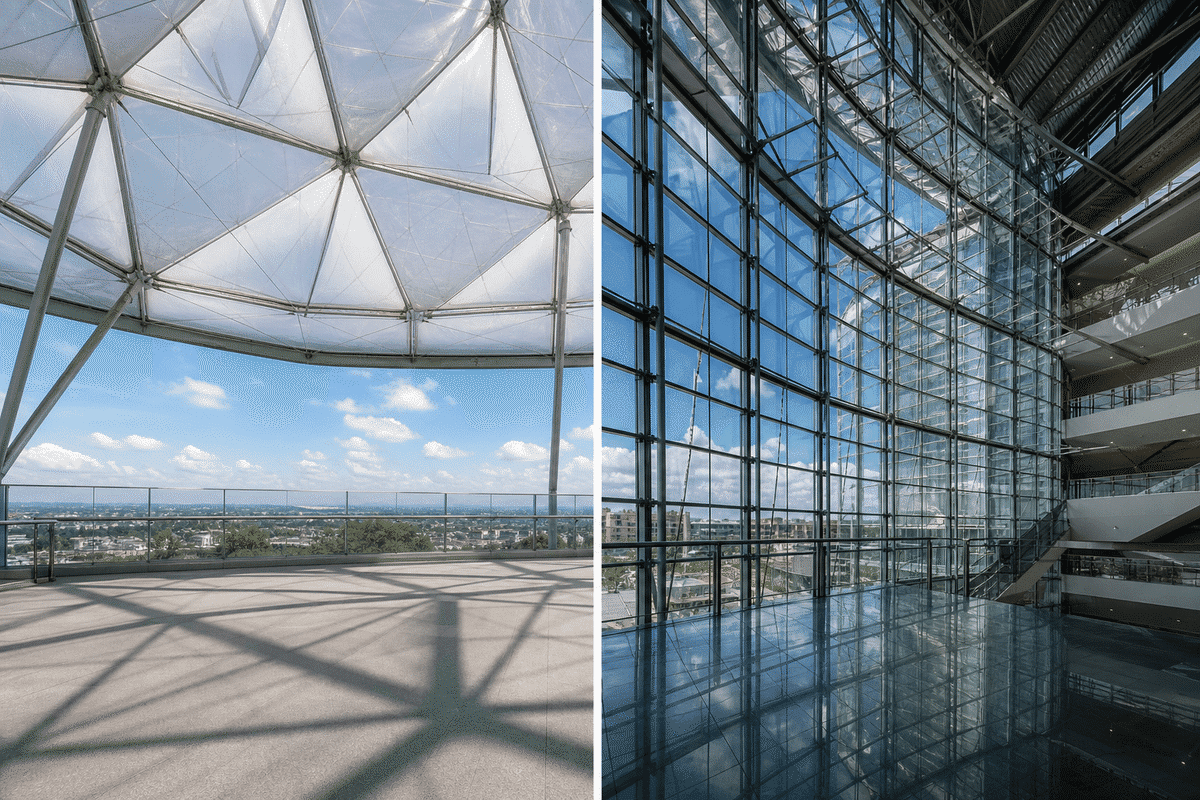 ETFE cushion atrium ceiling versus glass skylight ceiling