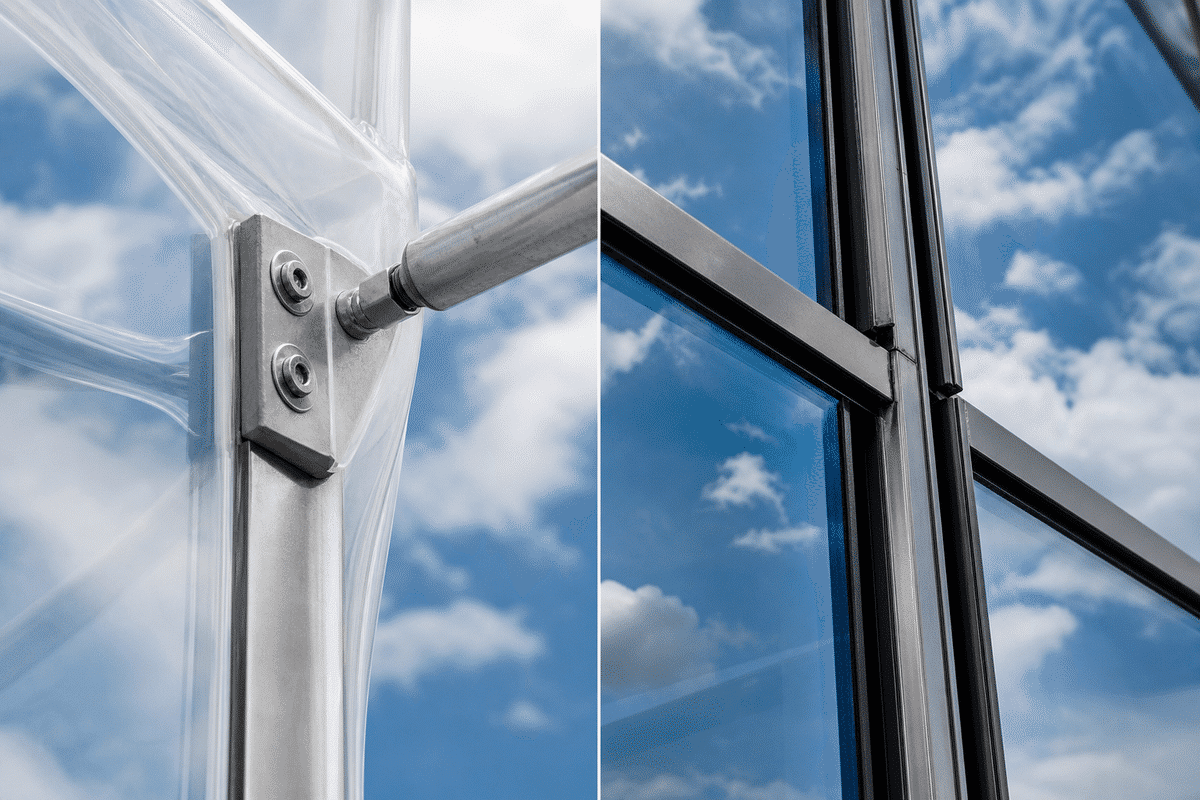 Detail comparing ETFE clamp edge with glass mullion
