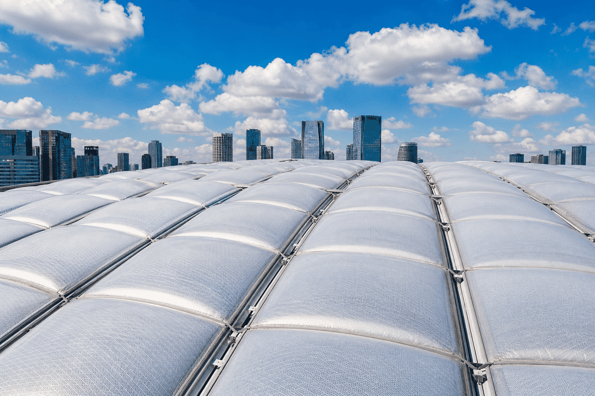 Stadium ETFE roof section adjacent to glass VIP facade