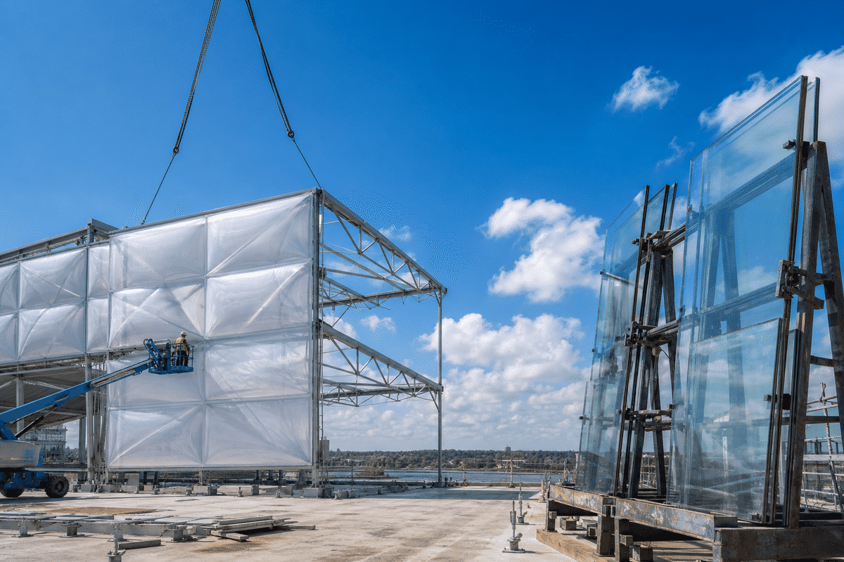 ETFE cushion inflation beside glass pane crane lift