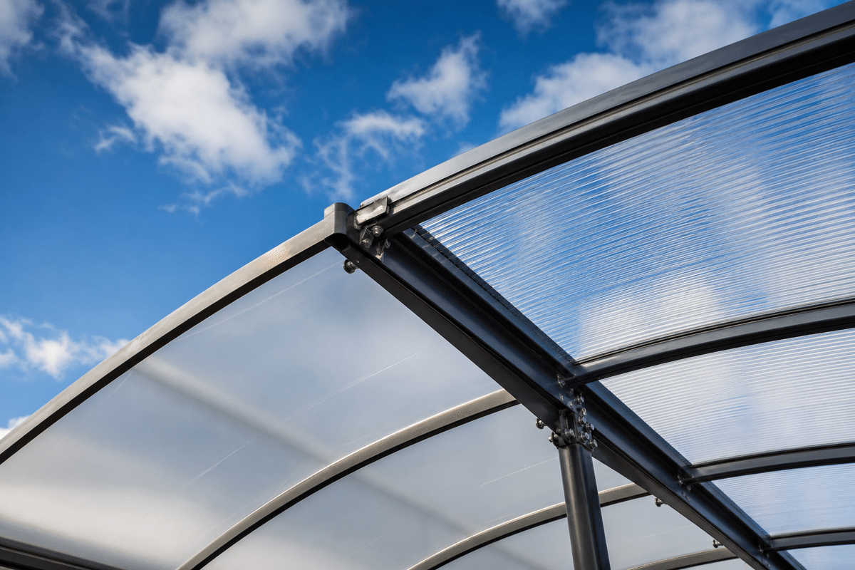 Detail comparing ETFE foil clamp with polycarbonate lap joint
