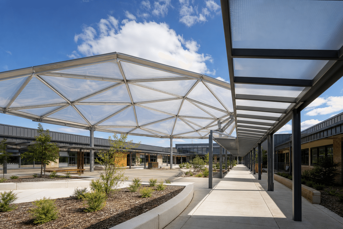 Sports hall interior comparing ETFE and polycarbonate skylights