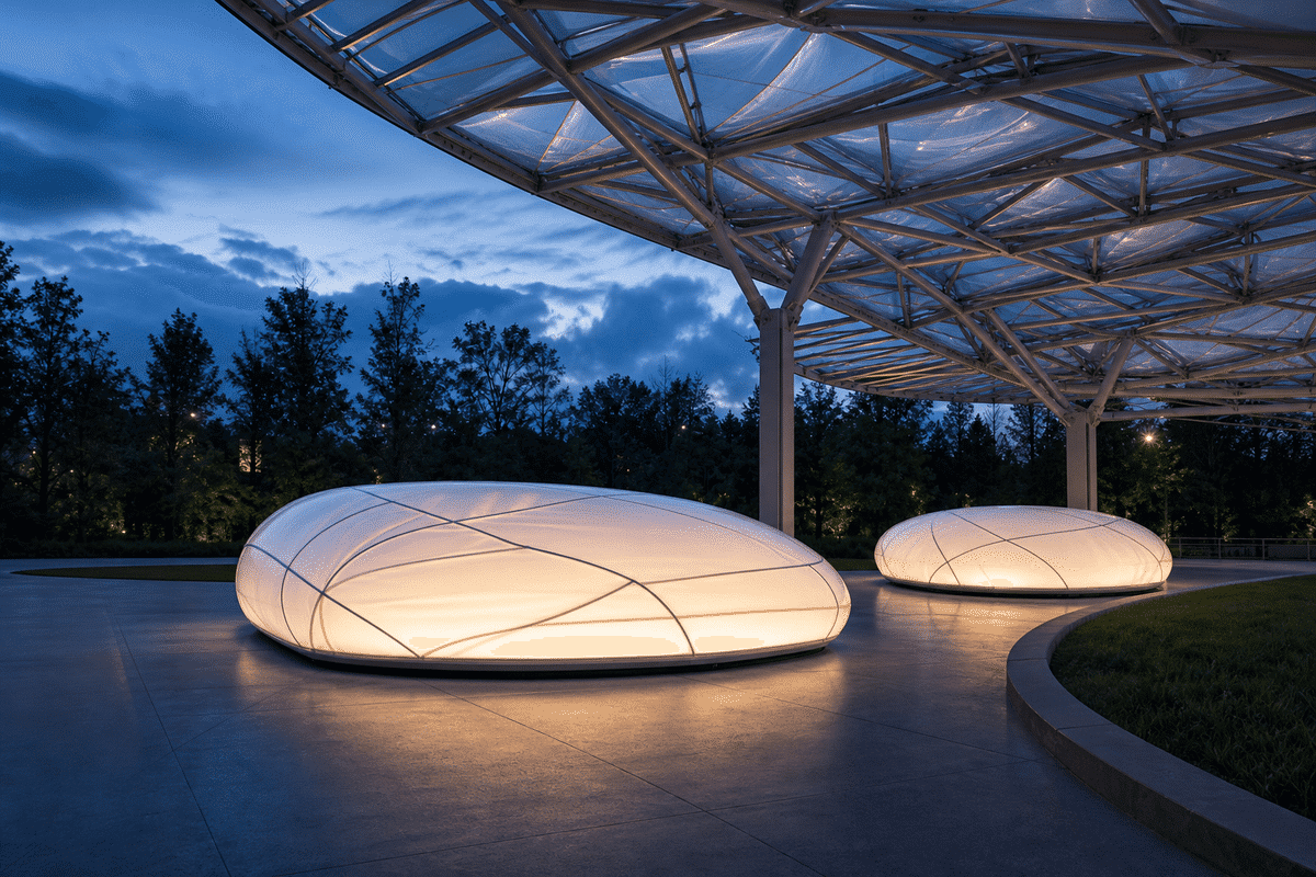 Waterfront ETFE canopy beside polycarbonate pergola at sunset