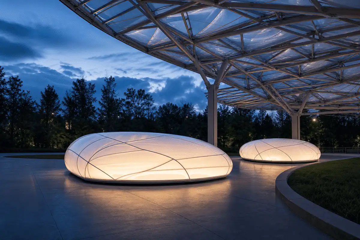 Waterfront ETFE canopy beside polycarbonate pergola at sunset — ETFE technical guide — ETFE technical guide