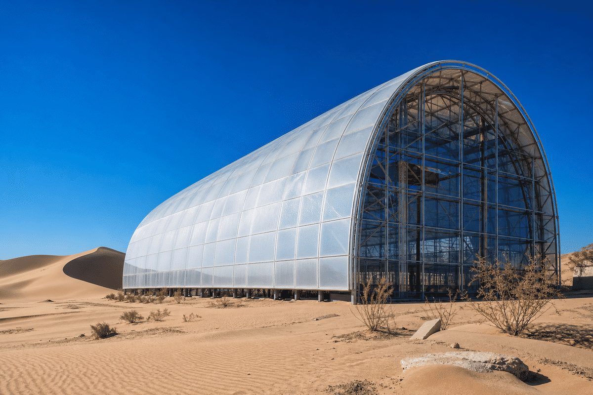 ETFE pedestrian bridge after ice storm with clearing blue sky