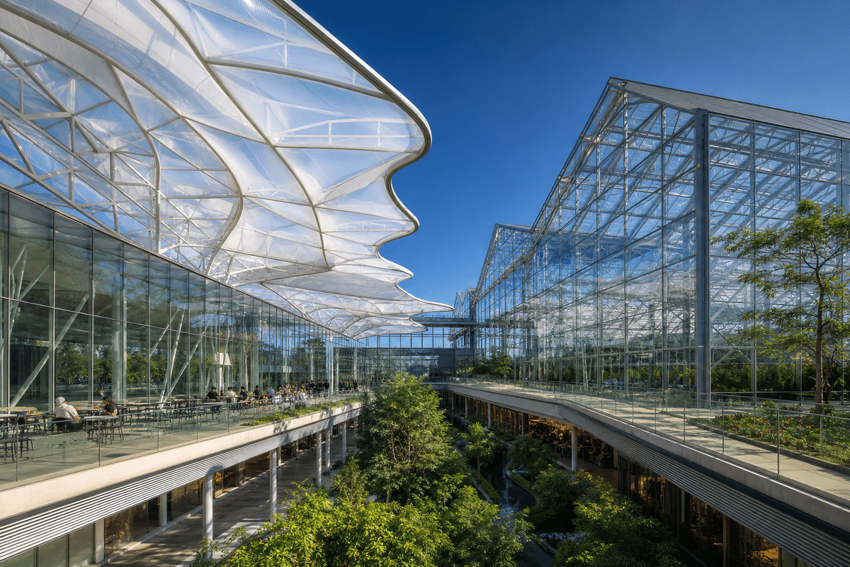 Lightweight ETFE roof atrium beside a glass atrium under clear blue sky
