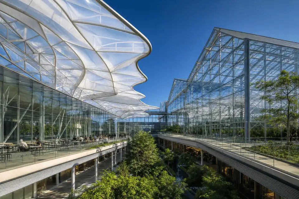 Lightweight ETFE roof atrium beside a glass atrium under clear blue sky — ETFE technical guide
