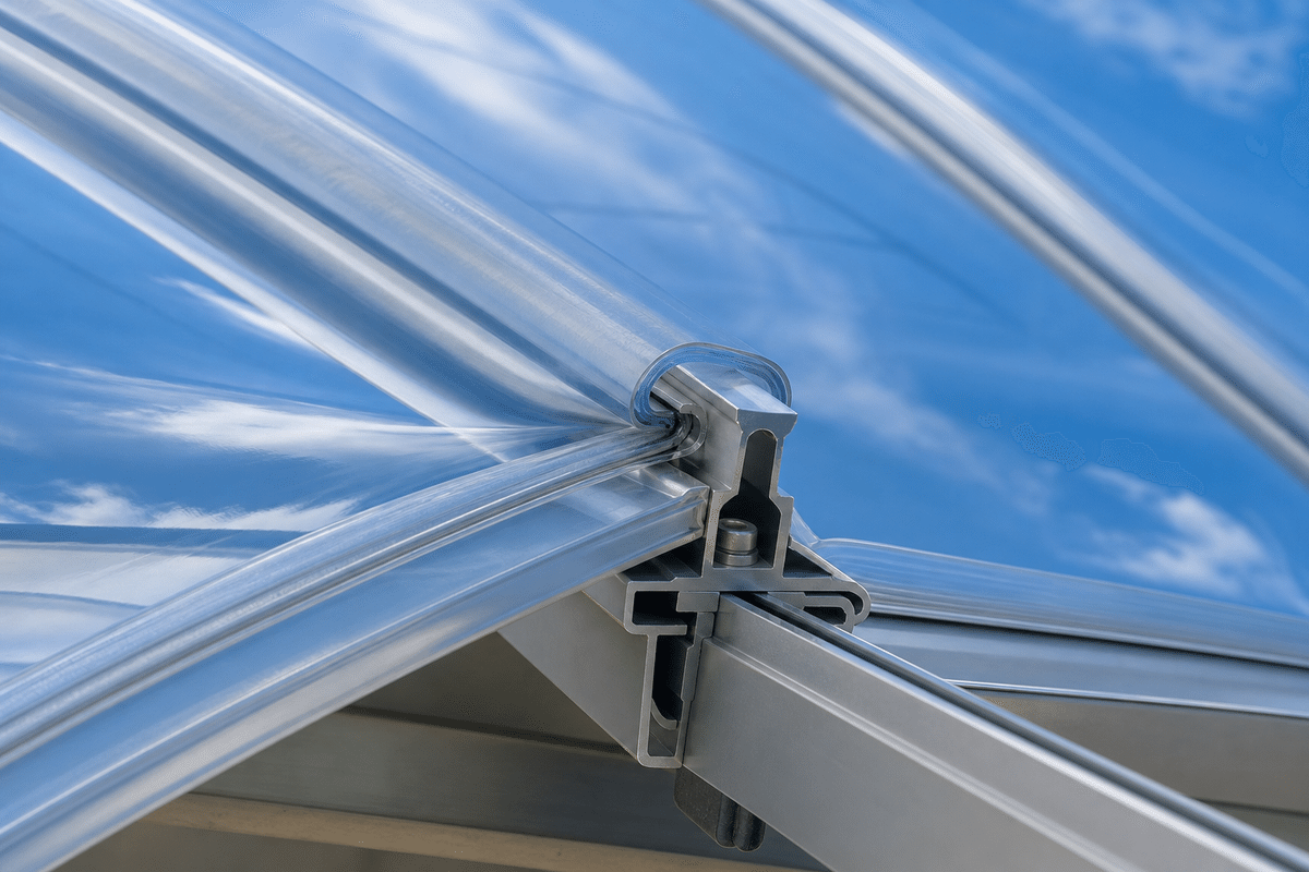 Close detail of ETFE clamp and film edge reflecting blue sky