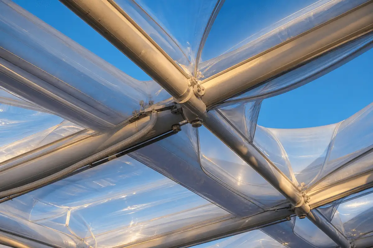 Multi-layer ETFE air cushion modules on steel grid against blue sky — ETFE technical guide