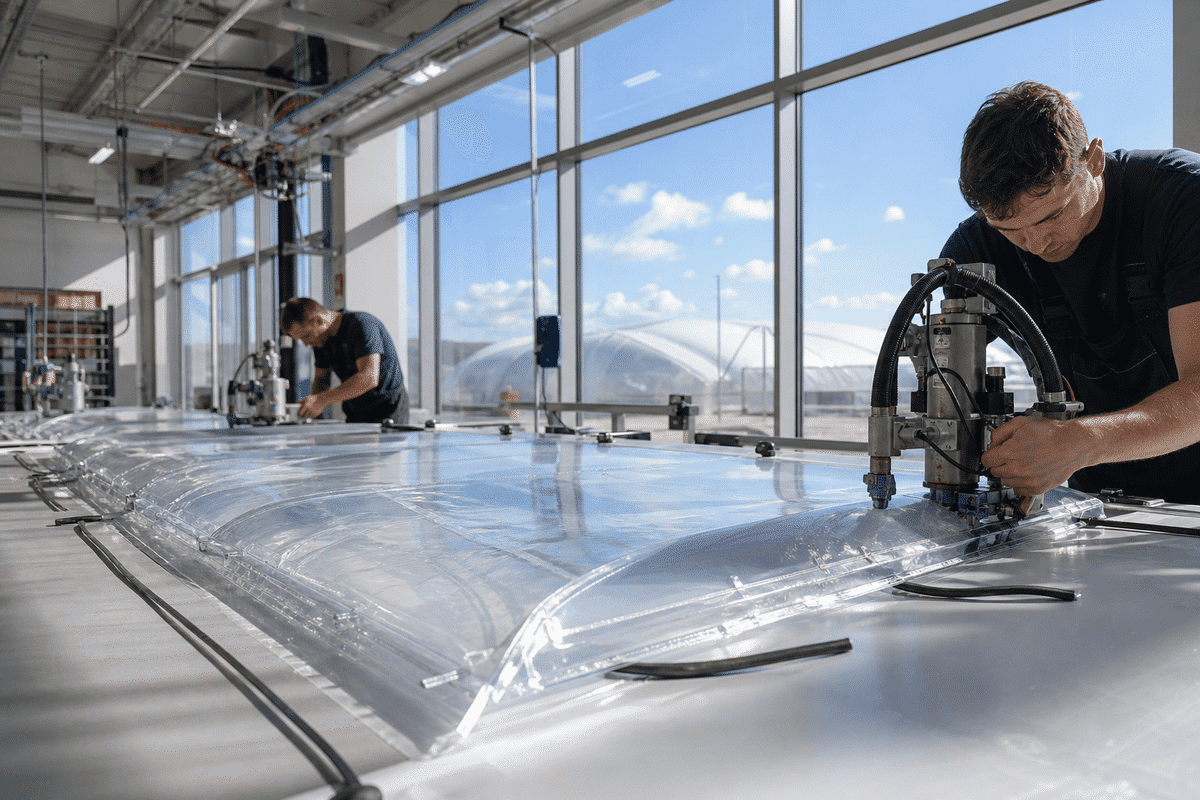 Factory fabrication of ETFE cushion panels with blue sky through workshop windows